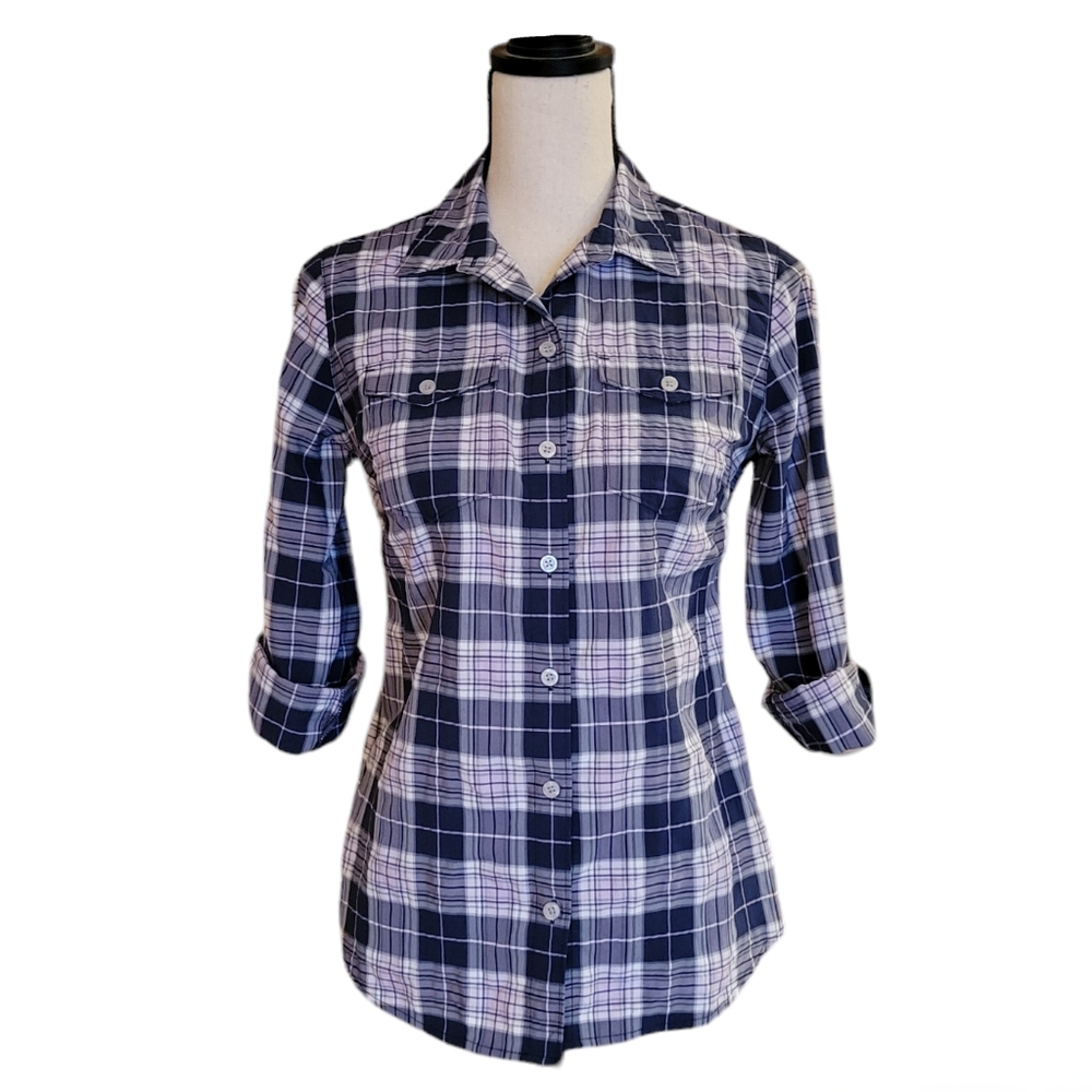 Eddie Bauer Women's Button Adventurer 2 Down Top XS Lavender Navy Blue